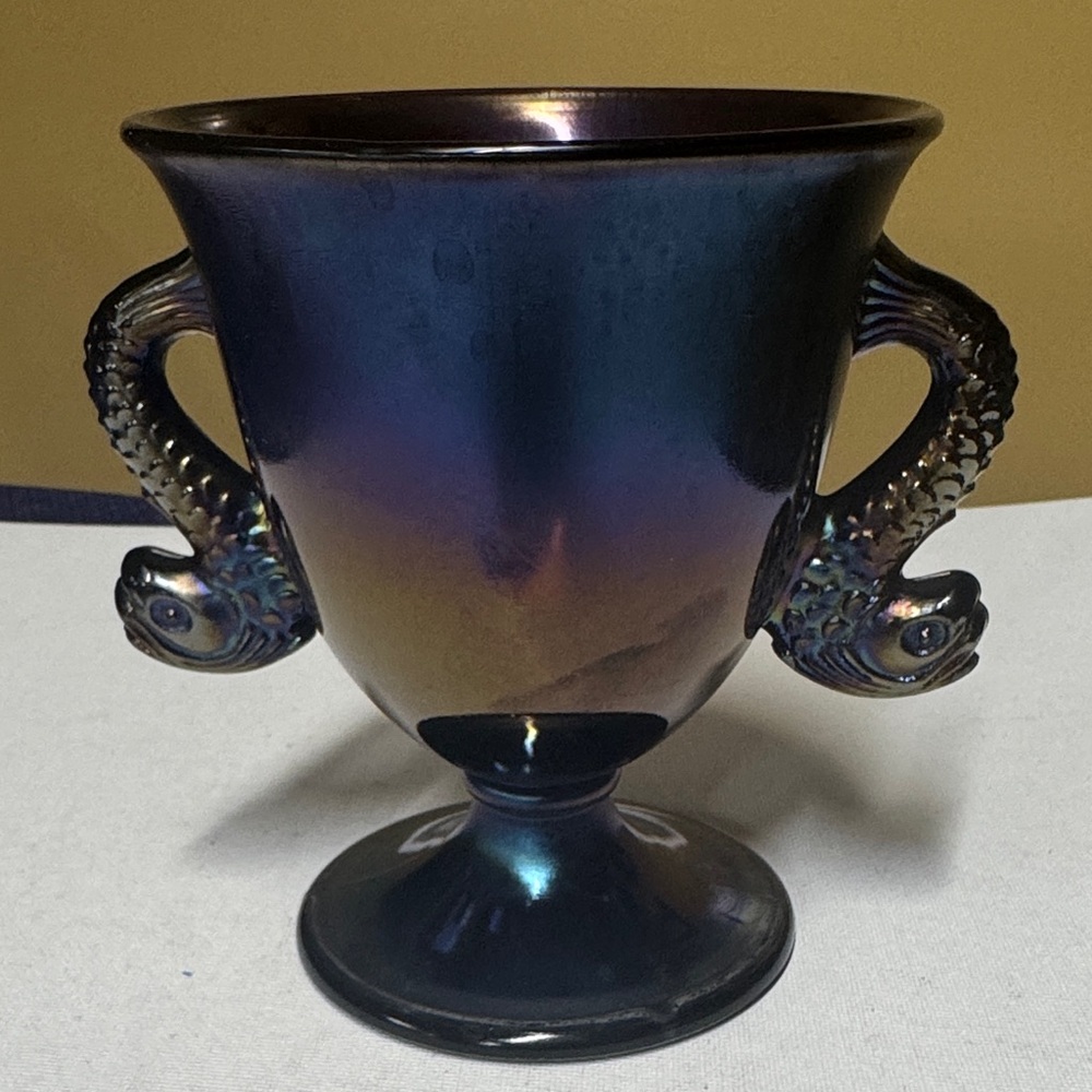 Fenton Iridescent Amethyst Carnival Glass Dolphin Fish Candy Dish Vase 5.25”